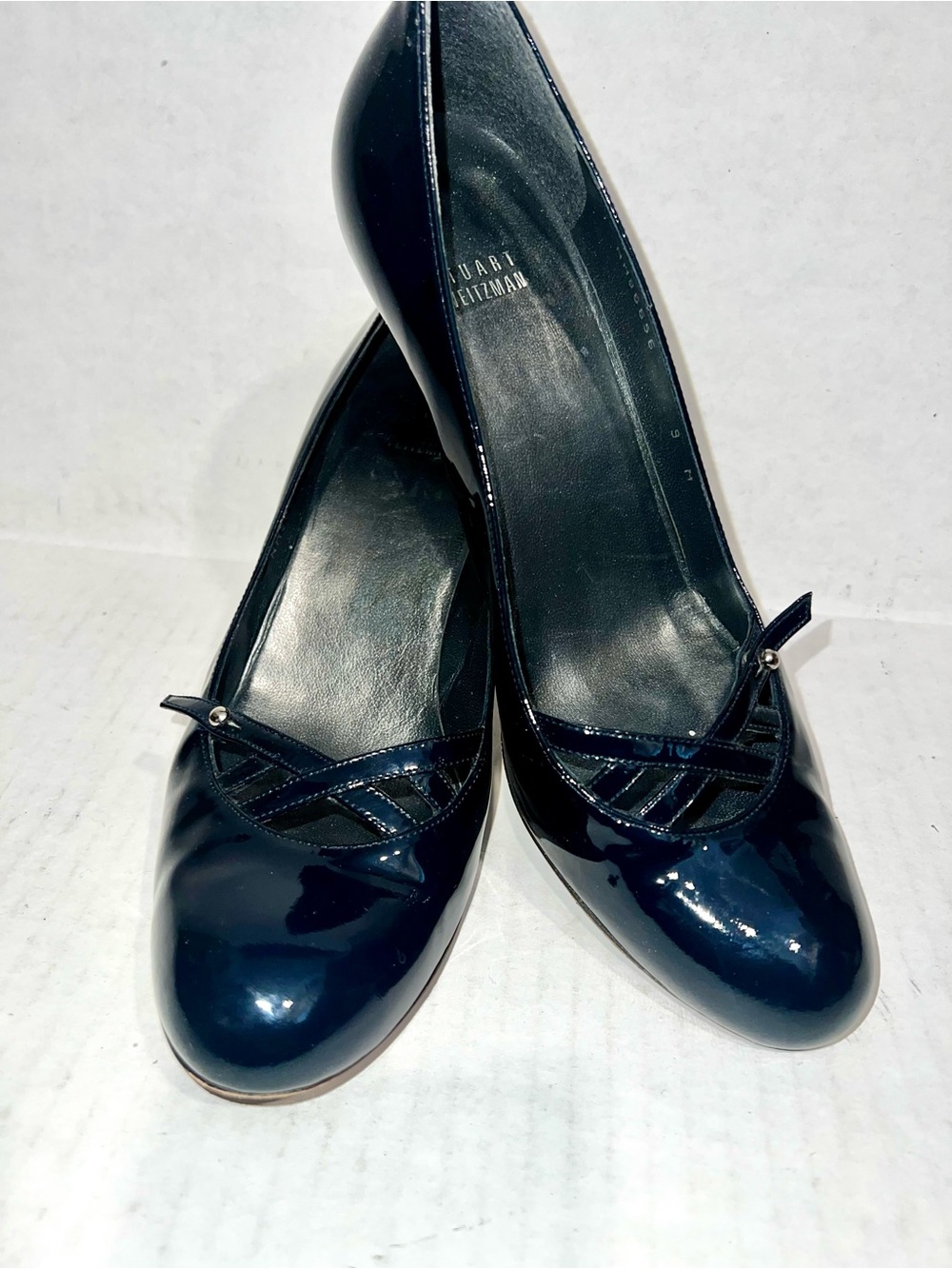 Stuart Weitzman Navy Patent Leather Round-Toe Pumps with Bow Accent